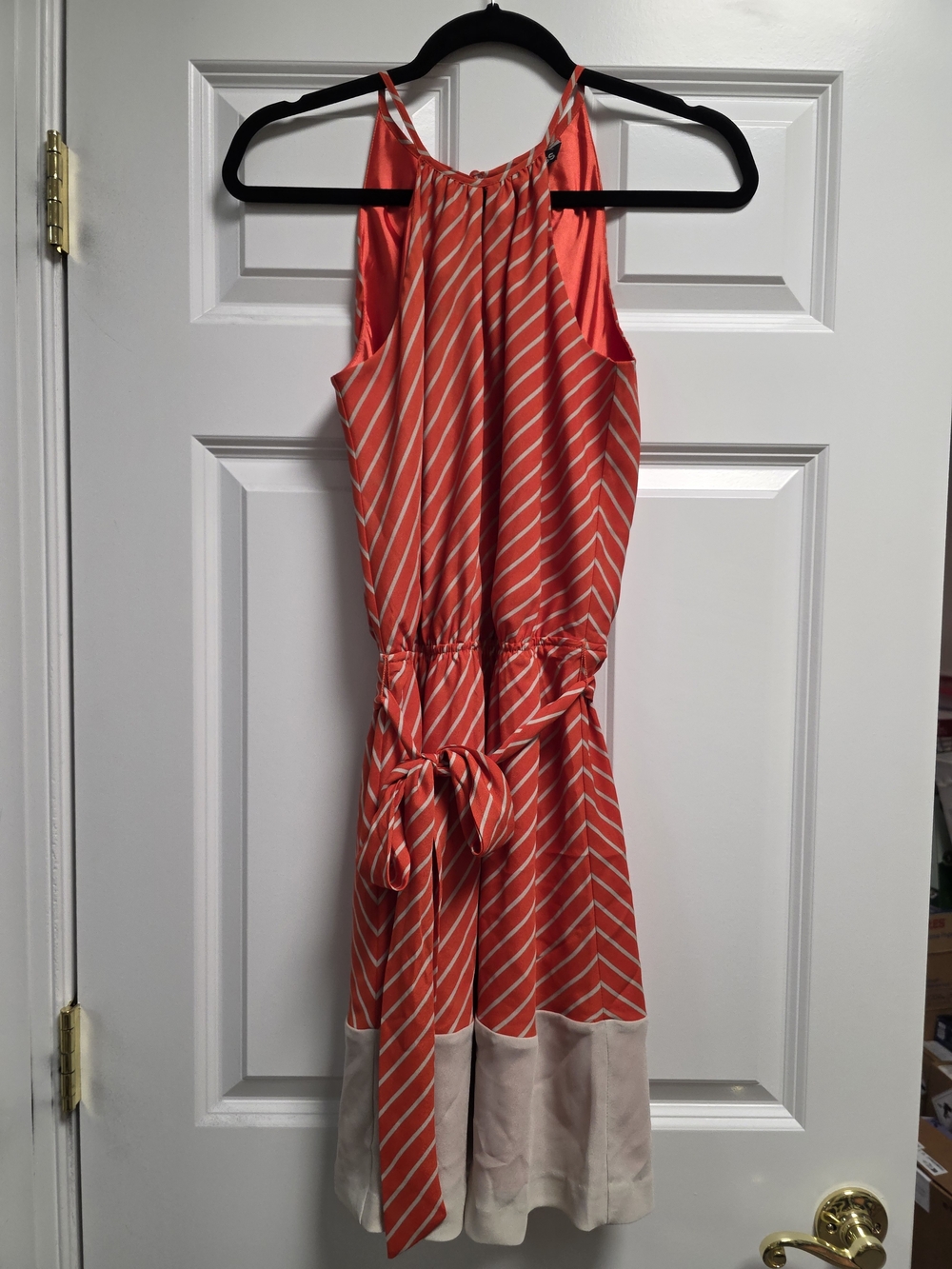 Express Coral Stripe Halter Fit & Flare Dress Tie Waist Keyhole Neckline | Sz S - Picture 8 of 12